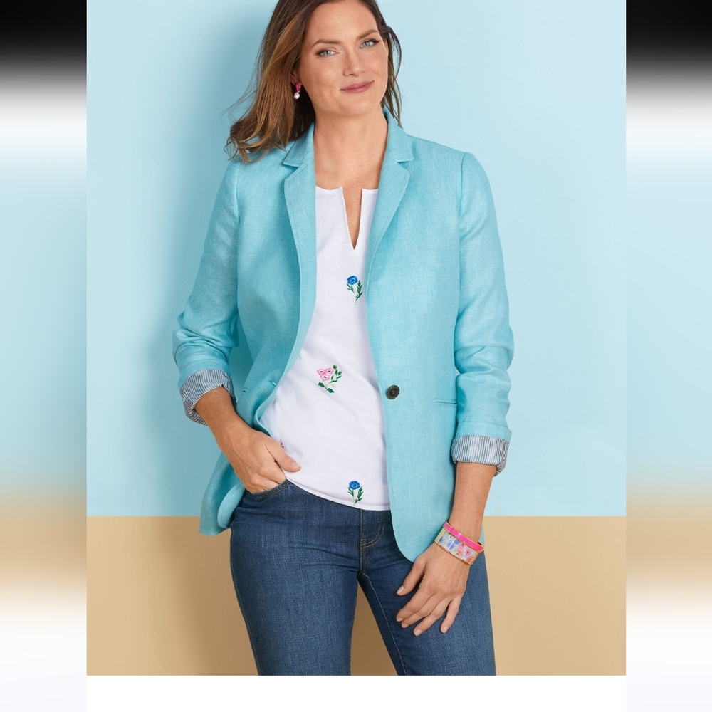 Talbots Pure 100% Linen Blazer Women Blue / Gree.  Career Wear Size 4 nwot